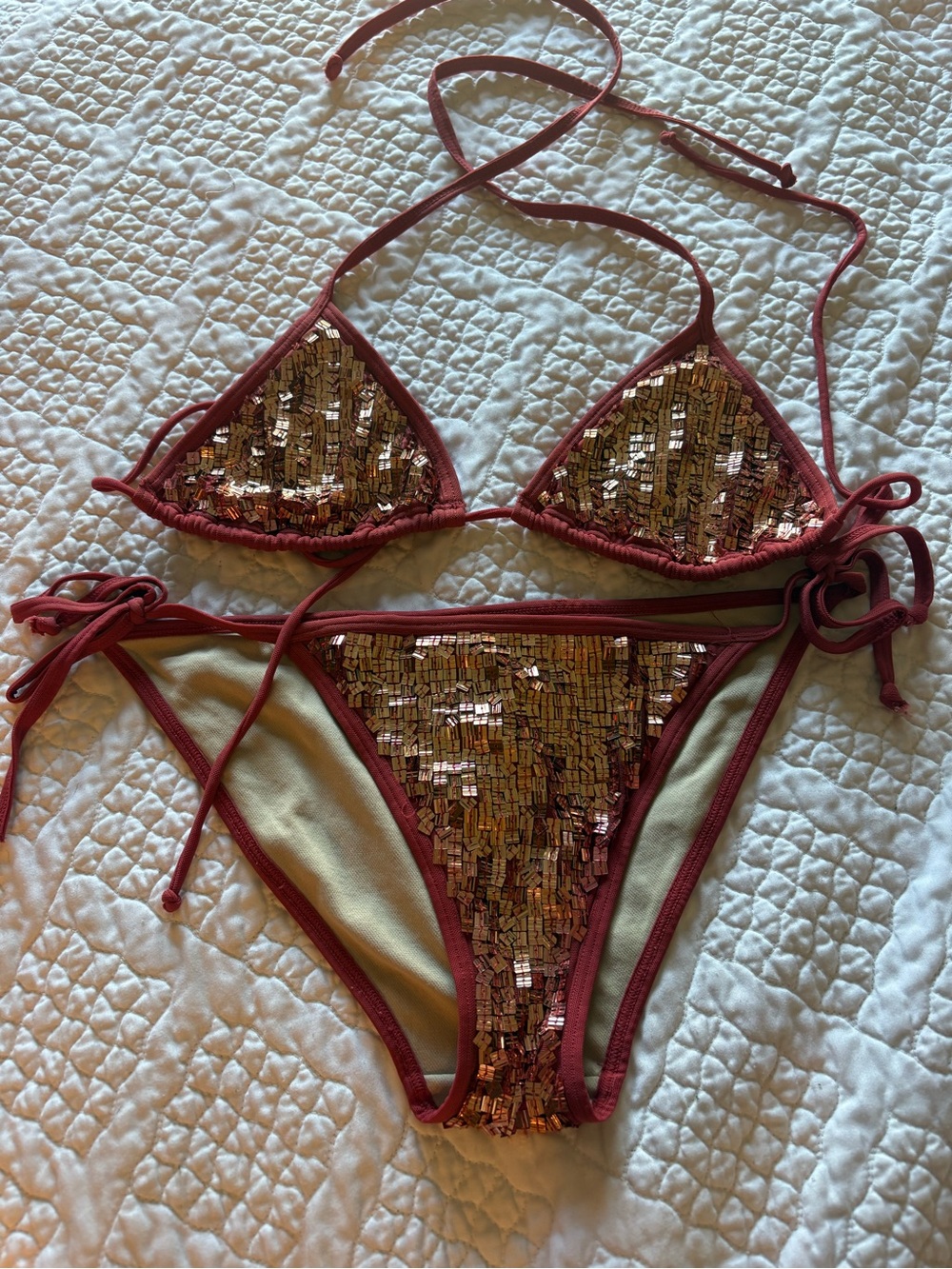 Sequin Triangle Bikini Set in Burgundy